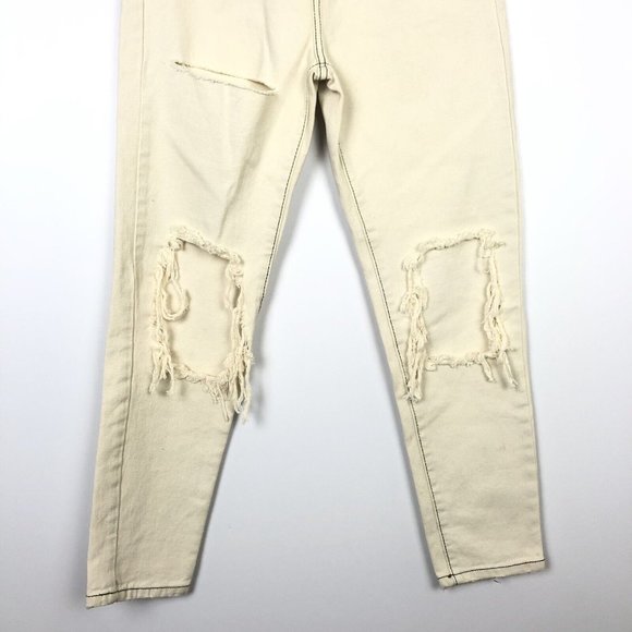 NWOT Unif Sz 25 Cream Off White High Waist Distressed Jeans Tapered Straight Leg - Picture 5 of 7